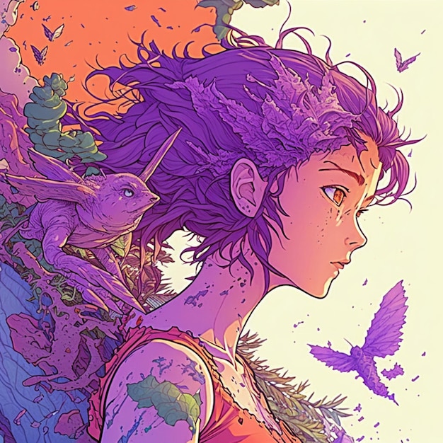 anime girl with purple hair and purple dress with birds flying around her generative ai