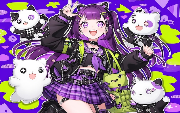Photo anime girl with purple hair and purple eyes and a black jacket with purple eyes