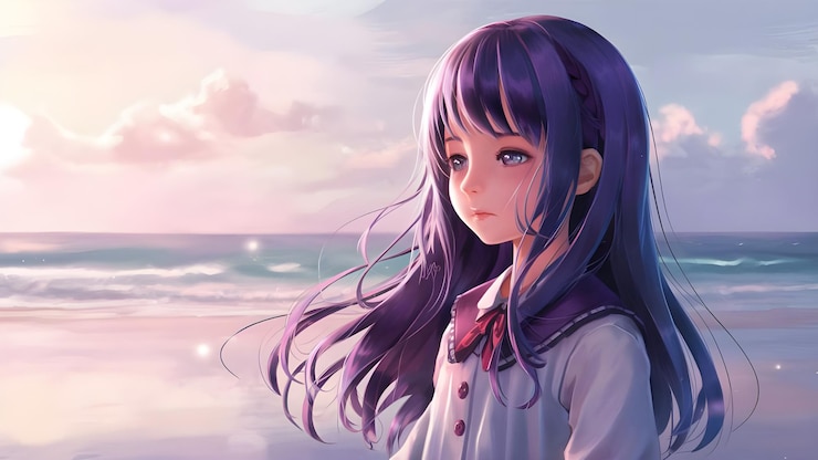 Photo anime girl with purple hair at sunset by the ocean