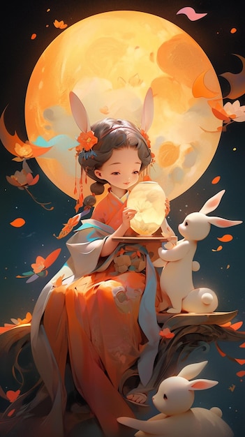 Anime girl with rabbit and moon in background generative ai