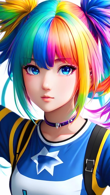 anime girl with rainbow hair and a colorful shirt