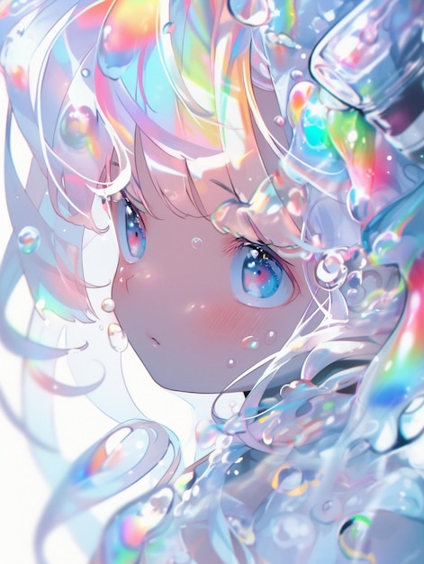 Anime girl with rainbow hair and a rainbow on her head