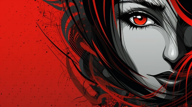 Anime girl with red eyes and black hair with red background generative ai