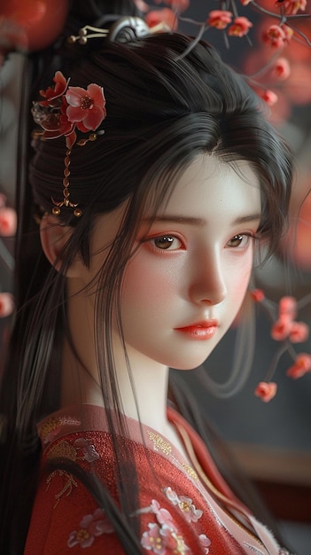 anime girl with red eyes and a red kimono generative ai