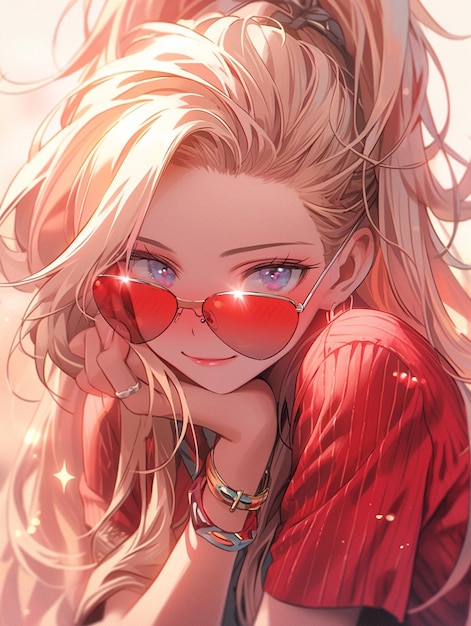 Anime girl with red glasses and a red shirt generative ai