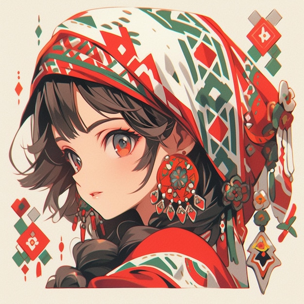 Anime girl with red and green head scarf and earrings generative ai