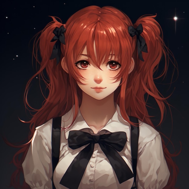 anime girl with red hair and black bow tie