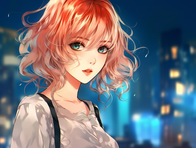 Anime girl with red hair and blue eyes in front of a city generative ai