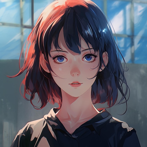 Anime girl with red hair and blue eyes looking at the camera generative ai