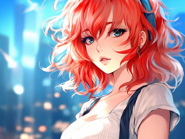 Anime girl with red hair and headphones looking at the camera generative ai