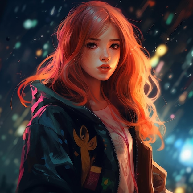 Anime girl with red hair and a hoodie in the rain generative ai