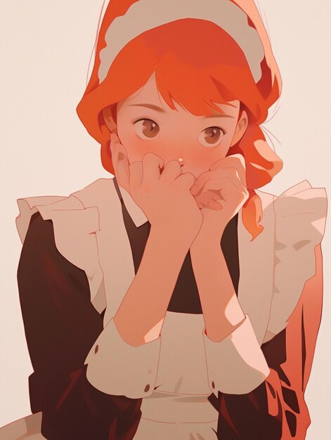 Photo anime girl with red hair and a white apron holding her hand to her face generative ai