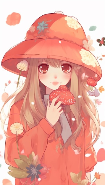 Anime girl with a red hat and a mushroom generative ai