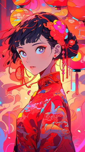 anime girl with a red kimono and a red background generative ai