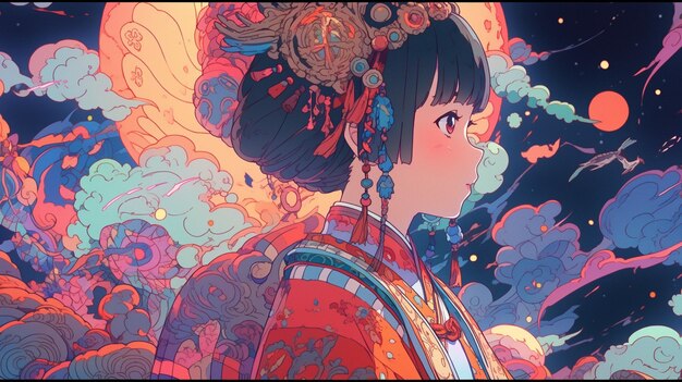 anime girl with a red kimono in the sky generative ai