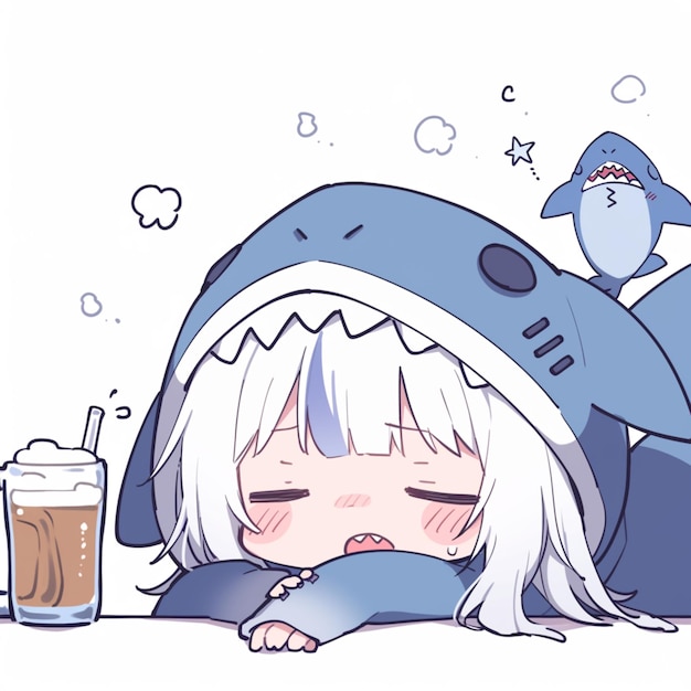 Photo anime girl with shark hoodie sleeping with a drink and a shark generative ai