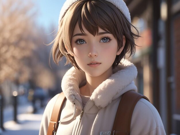 An anime girl with short hair wearing winter clothes cartoon