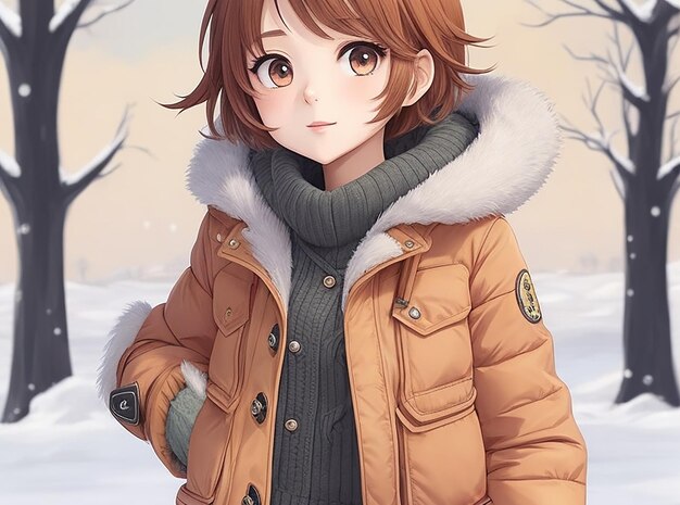 겨울 옷을 입고 짧은 머리를 가진 애니메이션 소녀 만화