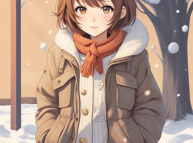 An anime girl with short hair wearing winter clothes cartoon