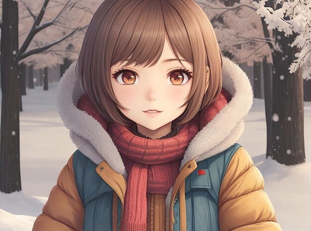 An anime girl with short hair wearing winter clothes cartoon