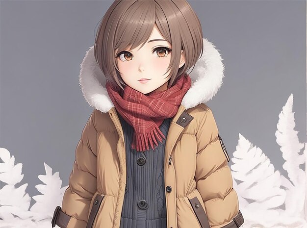 An anime girl with short hair wearing winter clothes cartoon