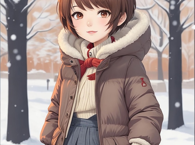 Аниме девушка с короткими волосами в зимней одежде из мультфильма