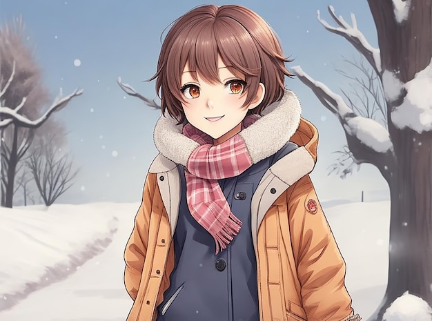 An anime girl with short hair wearing winter clothes cartoon