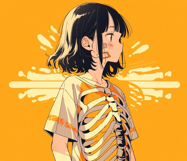 Photo anime girl with a skeleton on her chest and a yellow background generative ai