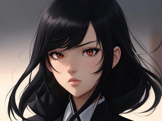 An anime girl with sleek black hair and a cool calm demeanor