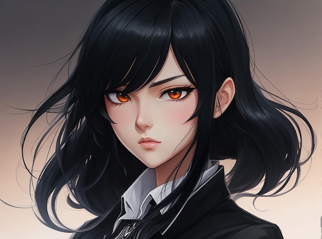 An anime girl with sleek black hair and a cool calm demeanor