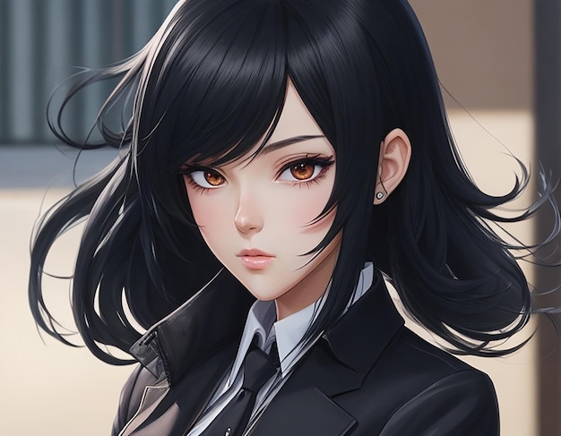 An anime girl with sleek black hair and a cool calm demeanor