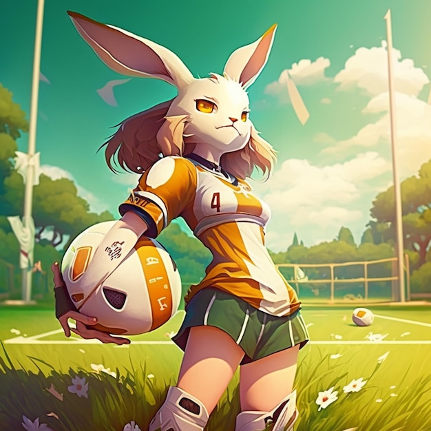 Anime girl with a soccer ball and bunny ears generative ai