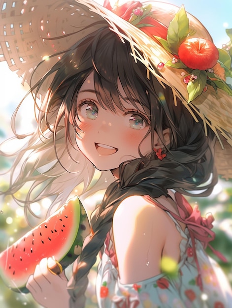 Premium AI Image  Anime girl with straw hat and watermelon in