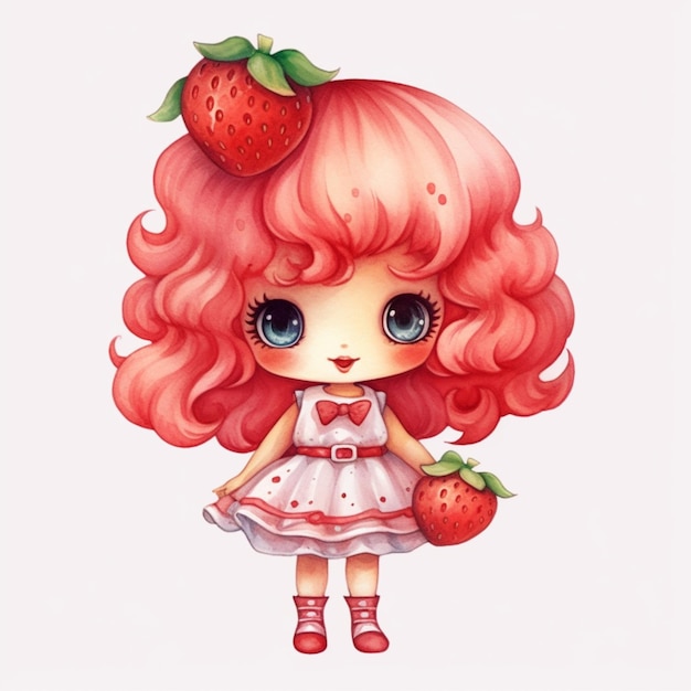 Anime girl with strawberry hair and dress holding a strawberry generative ai