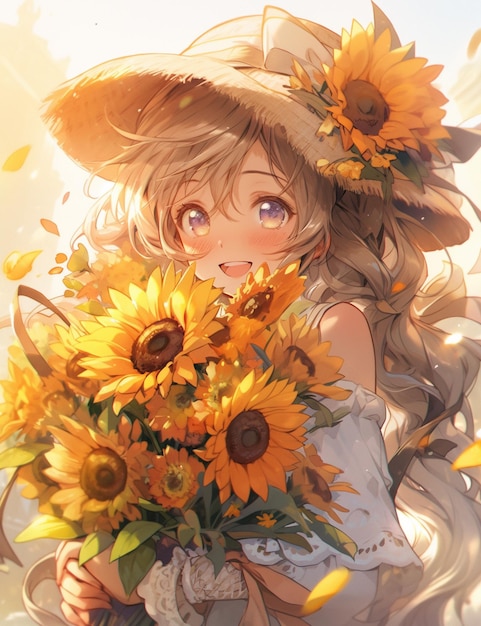 Cute blond anime girl in a big straw hat holding a sunflower in a