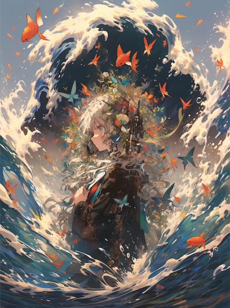 anime girl with a sword and a bunch of fish in the ocean generative ai