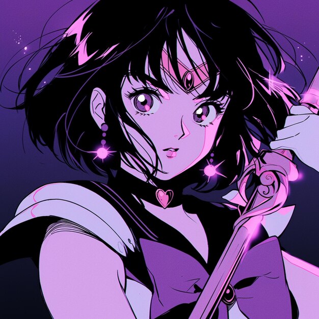 Anime girl with a sword in her hand and a purple background generative ai