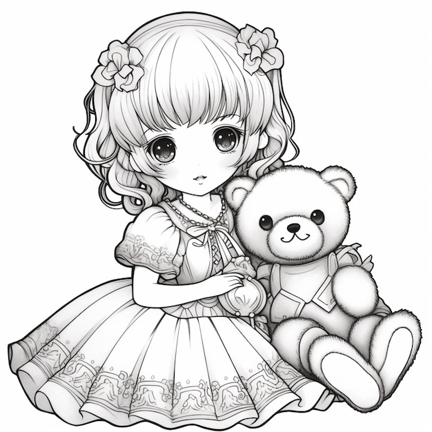 Premium Photo | Anime girl with teddy bear coloring pages generative ai