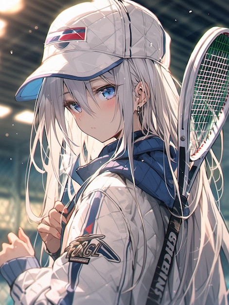 Anime girl with tennis racket and hat on a tennis court generative ai