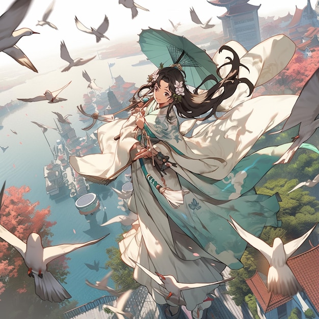feeling free and flying, anime girl flying over a city, peaceful manga artwork, generative ai technology Stock Illustration