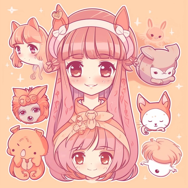 Anime girl with various cute animals around her generative ai