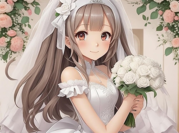 An anime girl with white dears wearing wedding dress cartoon