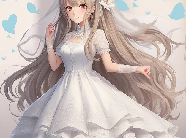 An anime girl with white dears wearing wedding dress cartoon