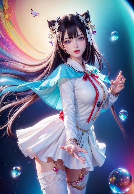 Anime girl with a white dress and a blue skirt