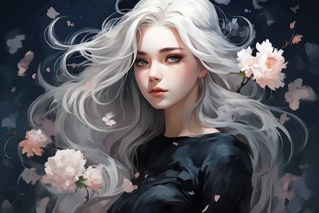 anime girl with white hair and a black dress with flowers on the bottom