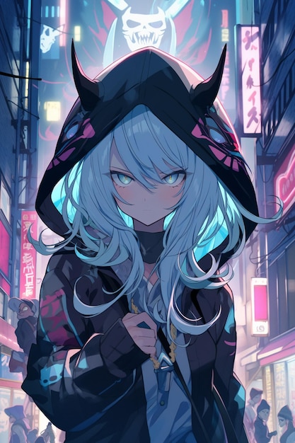 Anime girl with white hair and a black hood