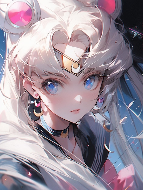 anime girl with white hair and blue eyes with ears and ears generative ai