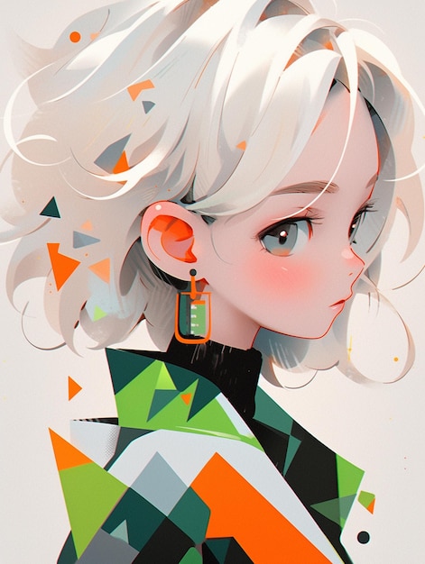 anime girl with white hair and earrings wearing a colorful jacket generative ai