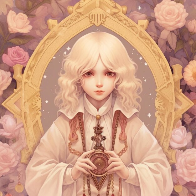 Аниме девушка с белыми волосами, держащая часы перед цветочным фоном