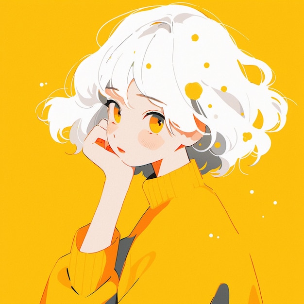 Anime girl with white hair and yellow shirt looking at camera generative ai